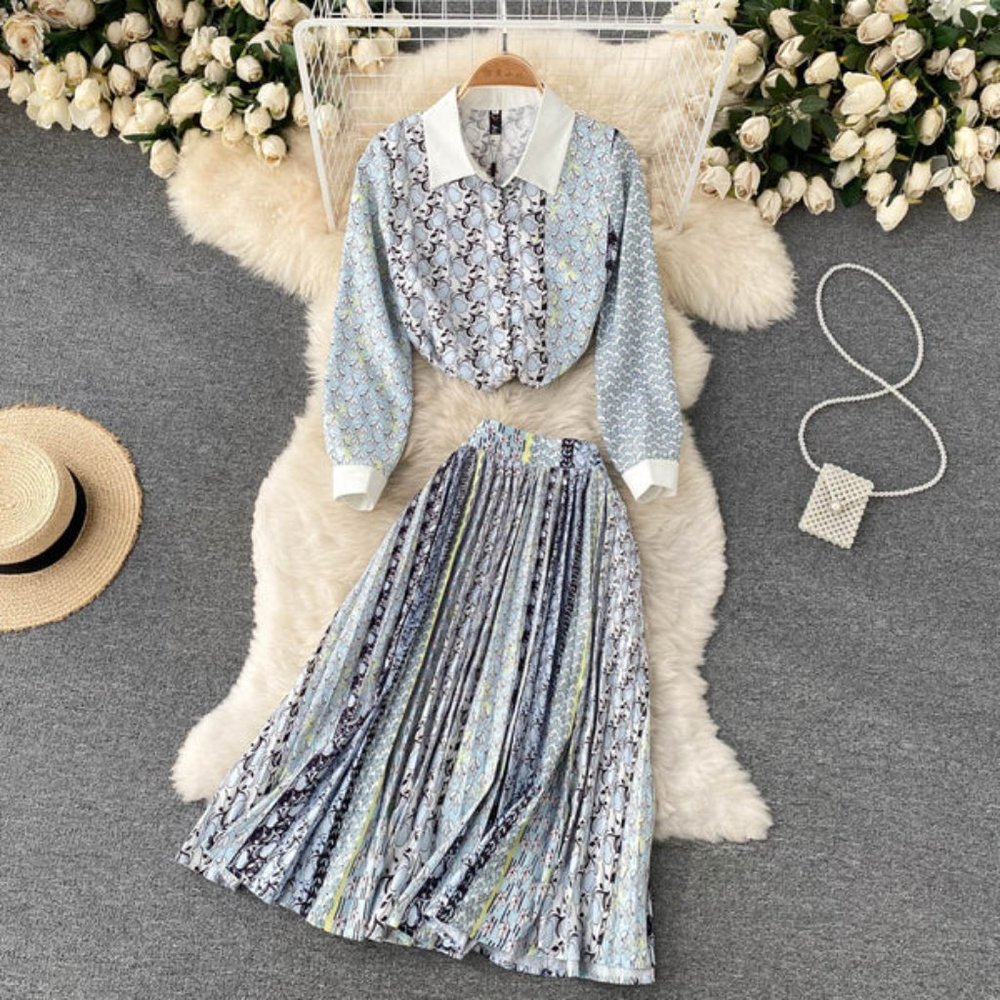 Elegant Breasted Print Tops And Midi Skirt Set